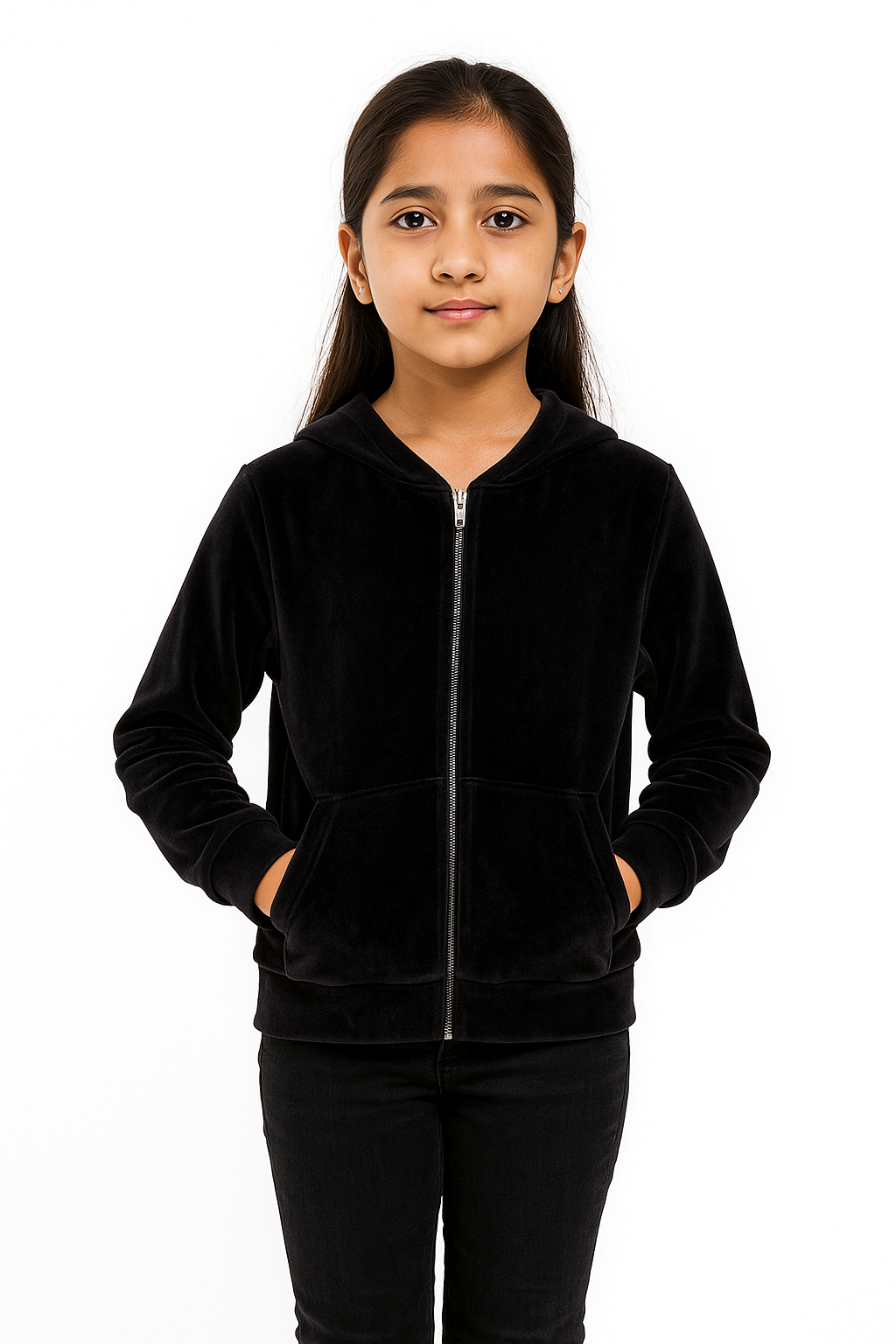Girls Self Design Velvet Party Jacket with Zipper – Black (Without Hood)