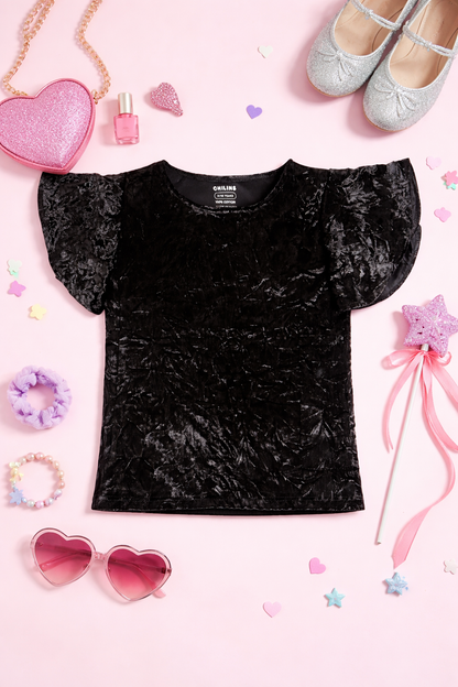 CHILINS Girls Black Velvet Top | Soft Crushed Velvet Flutter Sleeve Party Wear T-Shirt