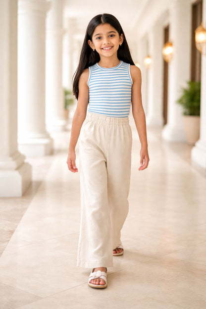 CHILINS Girls White Blue Ribbed Cotton Crop Top Stylish & Comfortable Kidswear