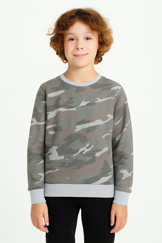 Boys Fleece Printed Round Neck Sweatshirt | Grey Camouflage