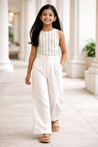 CHILINS Girls White Green Ribbed Cotton Crop Top Stylish & Comfortable Kidswear