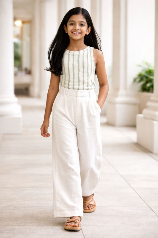 CHILINS Girls White Green Ribbed Cotton Crop Top Stylish & Comfortable Kidswear