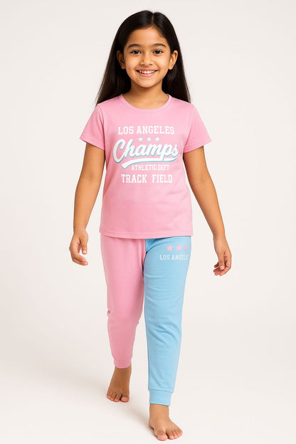 Girls Cotton Tshirt Pajama Set Knit Half Sleeves