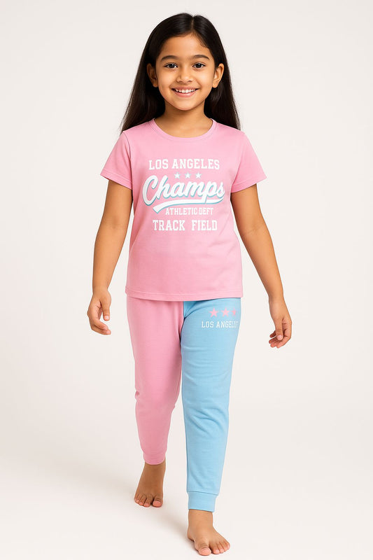 Girls Cotton Tshirt Pajama Set Knit Half Sleeves
