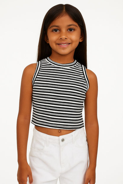 Girl's Solid Crew Neck Ribbed/Knitted Sleeveless Stretchable Slim Fit Crop Tank Top