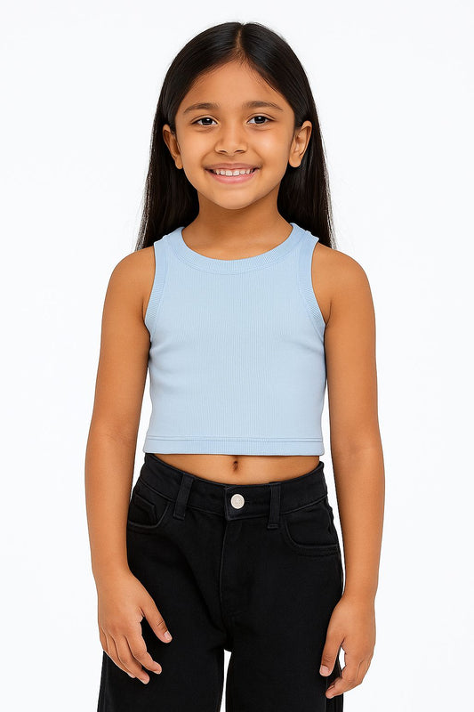 Girl's Solid Crew Neck Ribbed/Knitted Sleeveless Stretchable Slim Fit Crop Tank Top