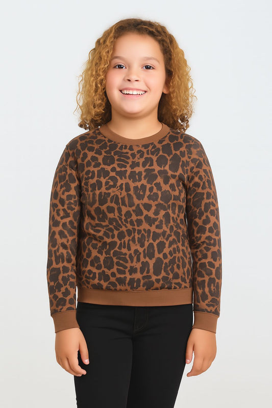 Girls Fleece Printed Round Neck Sweatshirt | Black Brown Animal Print