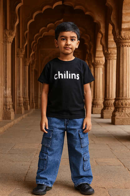 CHILINS Kids’ Blue Baggy Jeans with Logo T‑Shirt – Trendy Casual Wear for Boys