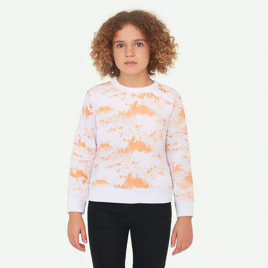 Girls Fleece Printed Round Neck Sweatshirt | Orange Tie Dye