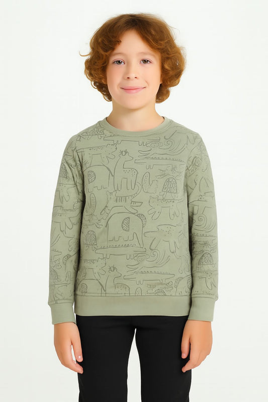 Boys Fleece Printed Round Neck Sweatshirt | Mehandi Animal Cartoon Print