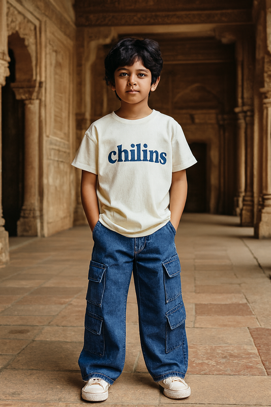 CHILINS Kids’ Blue Baggy Jeans with Logo T‑Shirt – Trendy Casual Wear for Boys