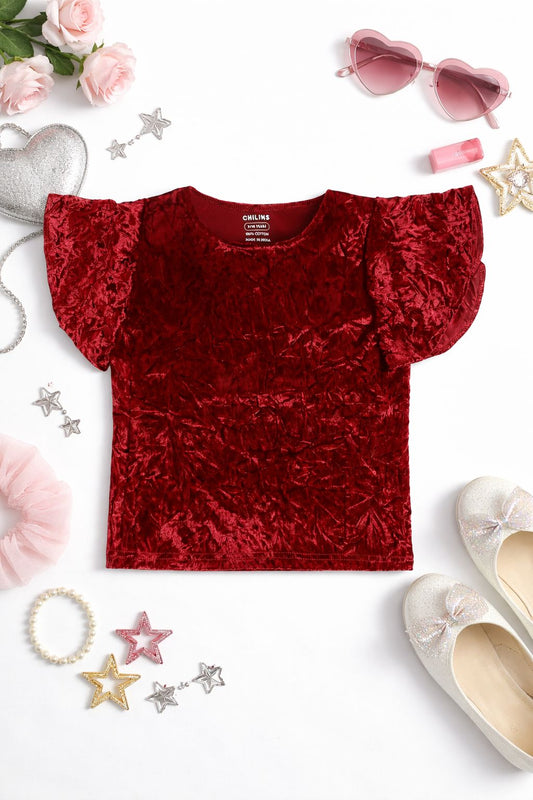 CHILINS Girls Red Velvet Top | Soft Crushed Velvet Flutter Sleeve Party Wear T-Shirt
