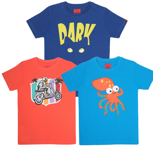 Round Neck Printed Super Combed Cotton T-shirt, (Pack of 3)