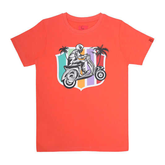 Round Neck Printed Super Combed Cotton T-shirt, Color- Orange