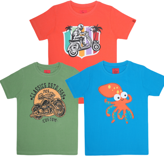 Round Neck Printed Super Combed Cotton T-shirt, (Pack of 3)