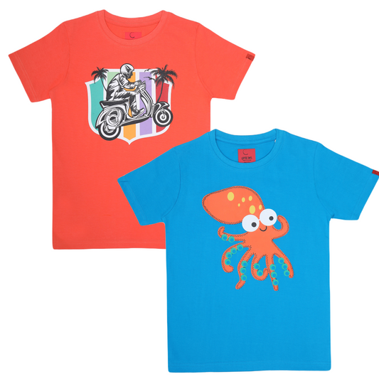 Round Neck Printed Super Combed Cotton T-shirt, (Pack of 2)