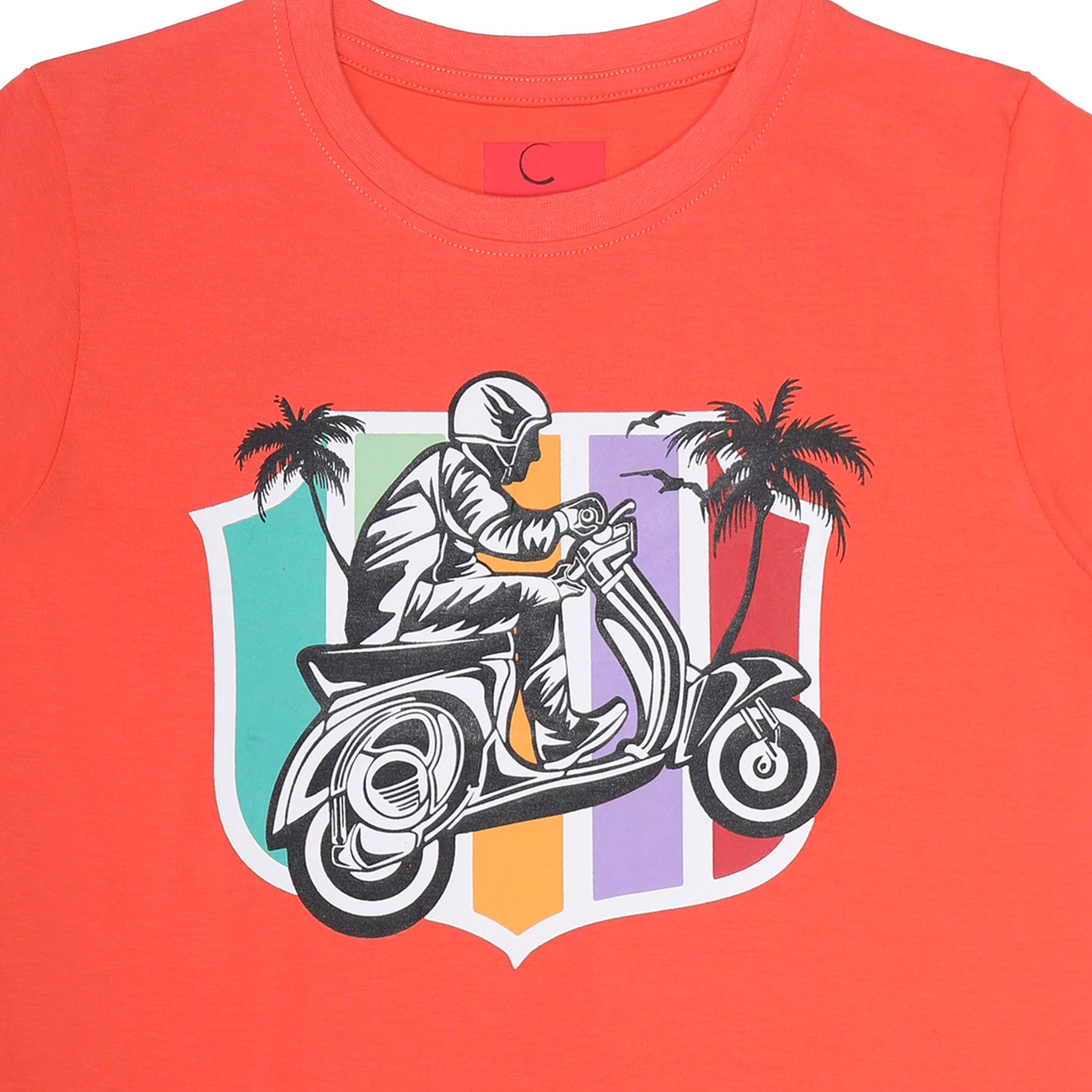 Round Neck Printed Super Combed Cotton T-shirt, Color- Orange