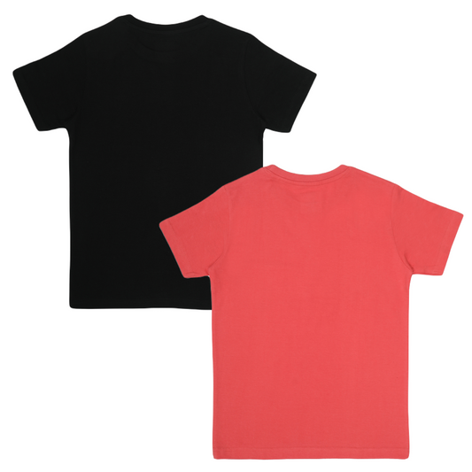 Round Neck Printed Cotton Tshirt, Color- Black, Peach_(Pack of 2)
