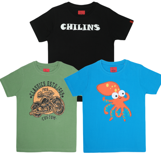 Round Neck Printed Super Combed Cotton T-shirt, (Pack of 3)
