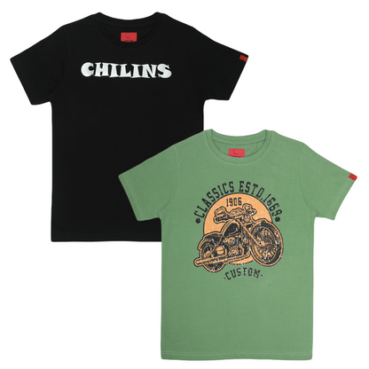 Round Neck Printed Cotton Tshirt, Color- Black, Olive_(Pack of 2)