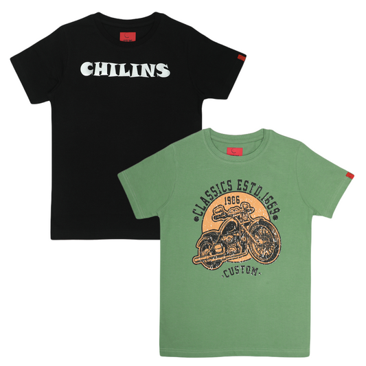 Round Neck Printed Cotton Tshirt, Color- Black, Olive_(Pack of 2)