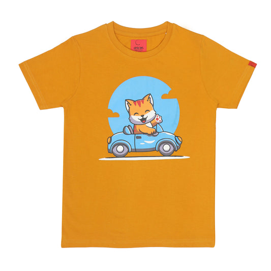 Round Neck Printed Cotton Tshirt, Color- Golden Yellow