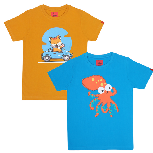 Round Neck Printed Super Combed Cotton T-shirt, (Pack of 2)