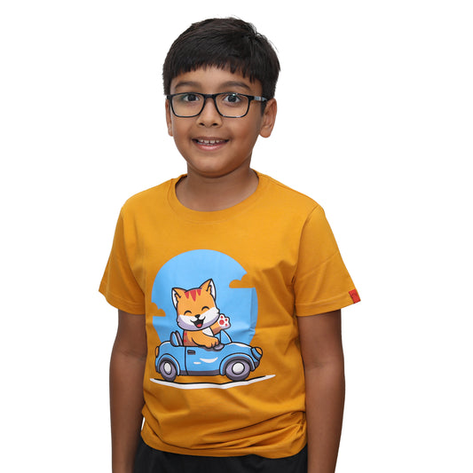 Round Neck Printed Cotton Tshirt, Color- Golden Yellow