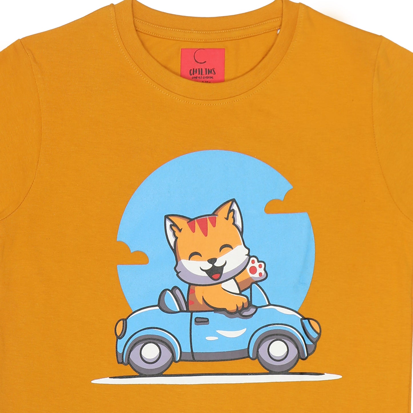 Round Neck Printed Cotton Tshirt, Color- Golden Yellow