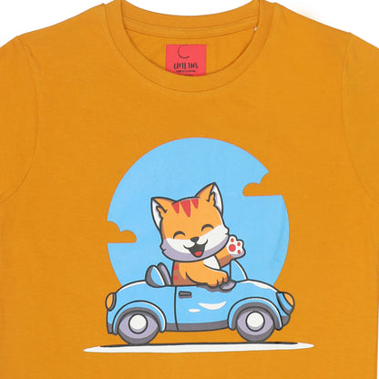 Round Neck Printed Cotton Tshirt, Color- Golden Yellow