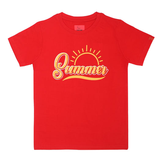 Round Neck Printed Cotton Tshirt, Color- Red