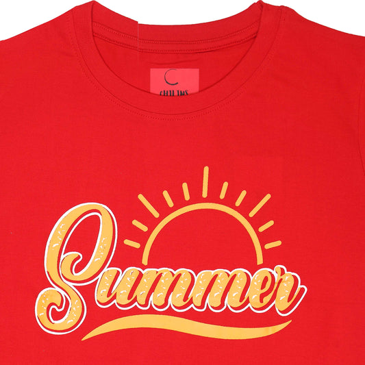 Round Neck Printed Cotton Tshirt, Color- Red