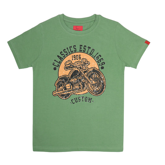 Round Neck Printed Cotton Tshirt, Color- Olive