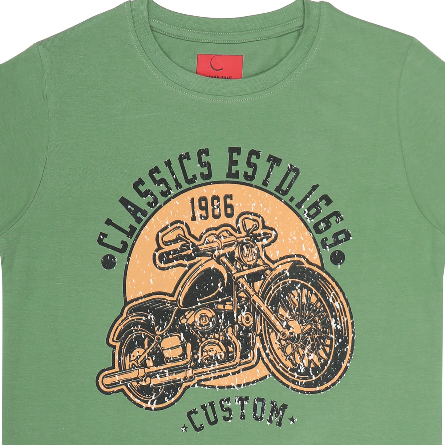 Round Neck Printed Cotton Tshirt, Color- Olive