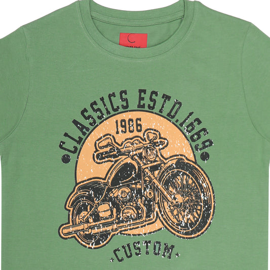Round Neck Printed Cotton Tshirt, Color- Olive