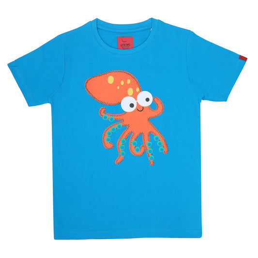 Round Neck Printed Cotton Tshirt, Color- Aqua Blue