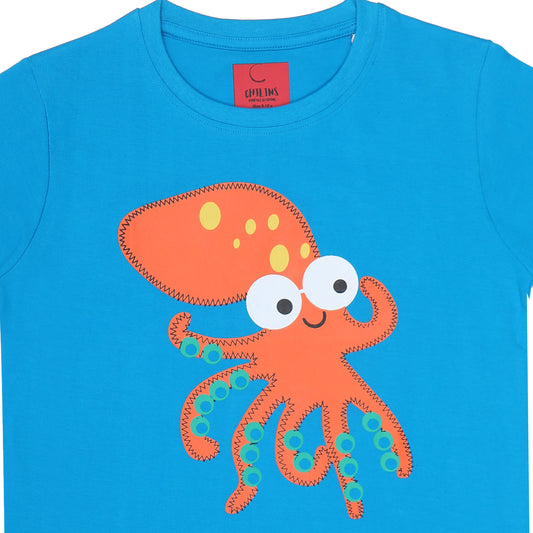 Round Neck Printed Cotton Tshirt, Color- Aqua Blue