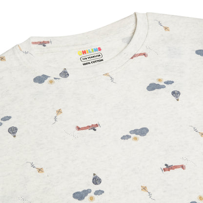 CHILINS Kids Pure Cotton Printed T-Shirt & Pyjama Set | Cream Comfort Nightwear