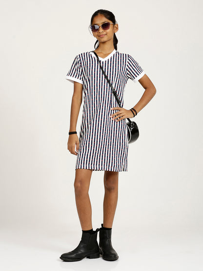 CHILINS Girls Pure Cotton Casual Dress – White & Blue Striped