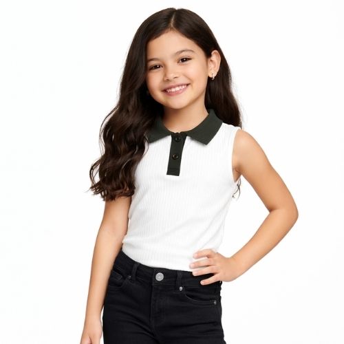 CHILINS Girls Sleeveless Polo Neck Top – Smart Casual Everyday Wear White Green