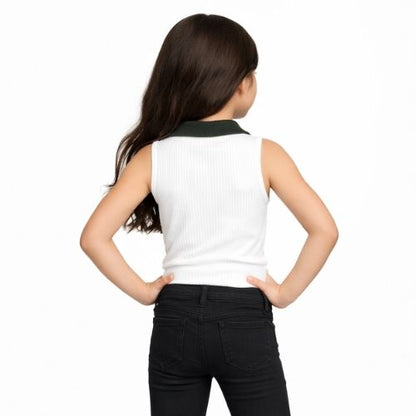 CHILINS Girls Sleeveless Polo Neck Top – Smart Casual Everyday Wear White Green