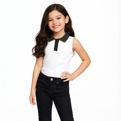 CHILINS Girls Sleeveless Polo Neck Top – Smart Casual Everyday Wear White Green