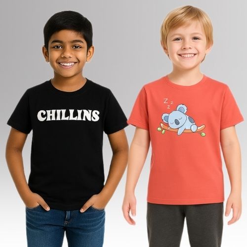 Round Neck Printed Cotton Tshirt, Color- Black, Peach_(Pack of 2)