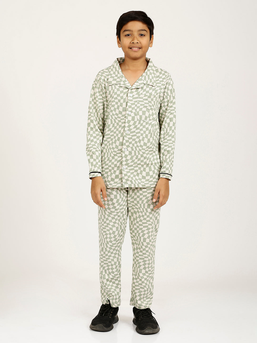 CHILINS Boys Shirt Pyjama Night Dress – Pure Cotton, White & Green