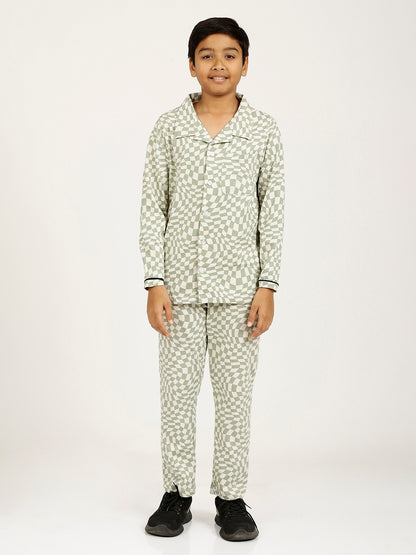 CHILINS Boys Shirt Pyjama Night Dress – Pure Cotton, White & Green