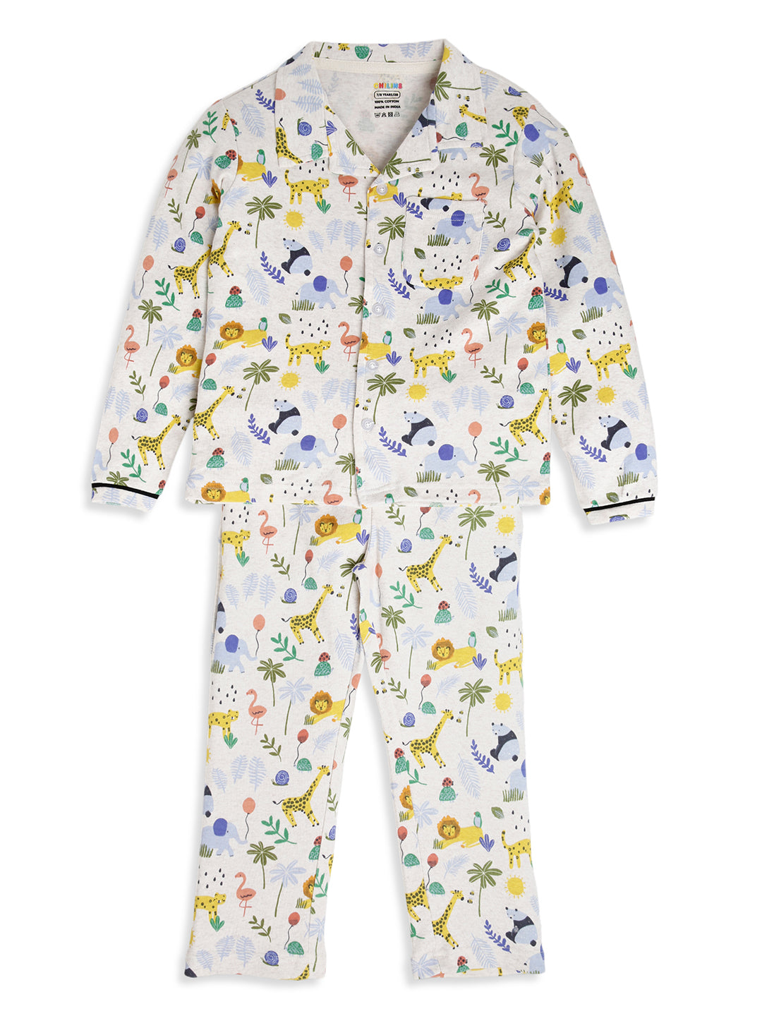 CHILINS Boys Jungle Safari Print Night Suit Set | 100% Pure Cotton Full Sleeve Shirt & Pyjama