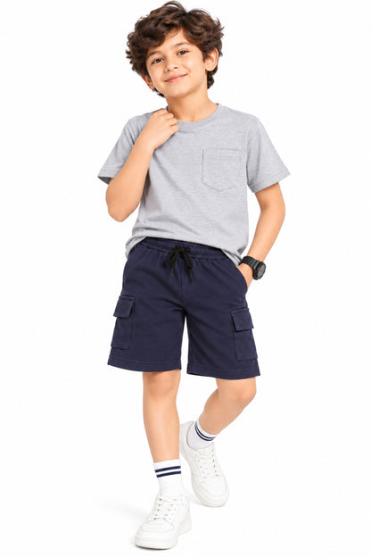 CHILINS Boys Navy Blue Cargo Shorts | Drawstring Waist | Utility Pockets | Knee Length | Regular Fit