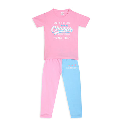 Girls Cotton Tshirt Pajama Set Knit Half Sleeves