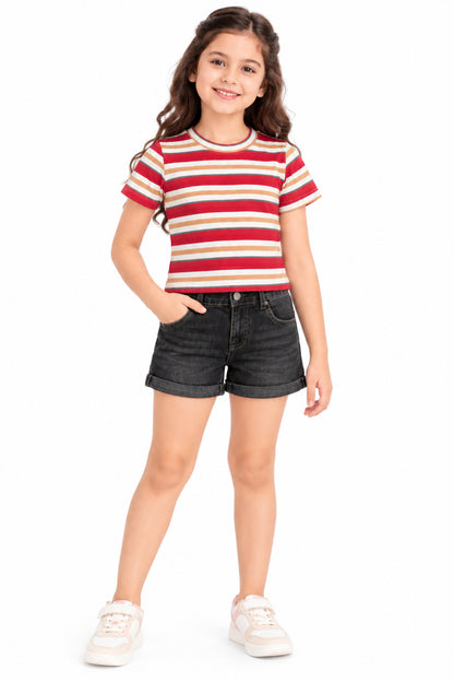 CHILINS Girls Red, White & Beige Striped Crop Top | Short Sleeve Round Neck Casual Top