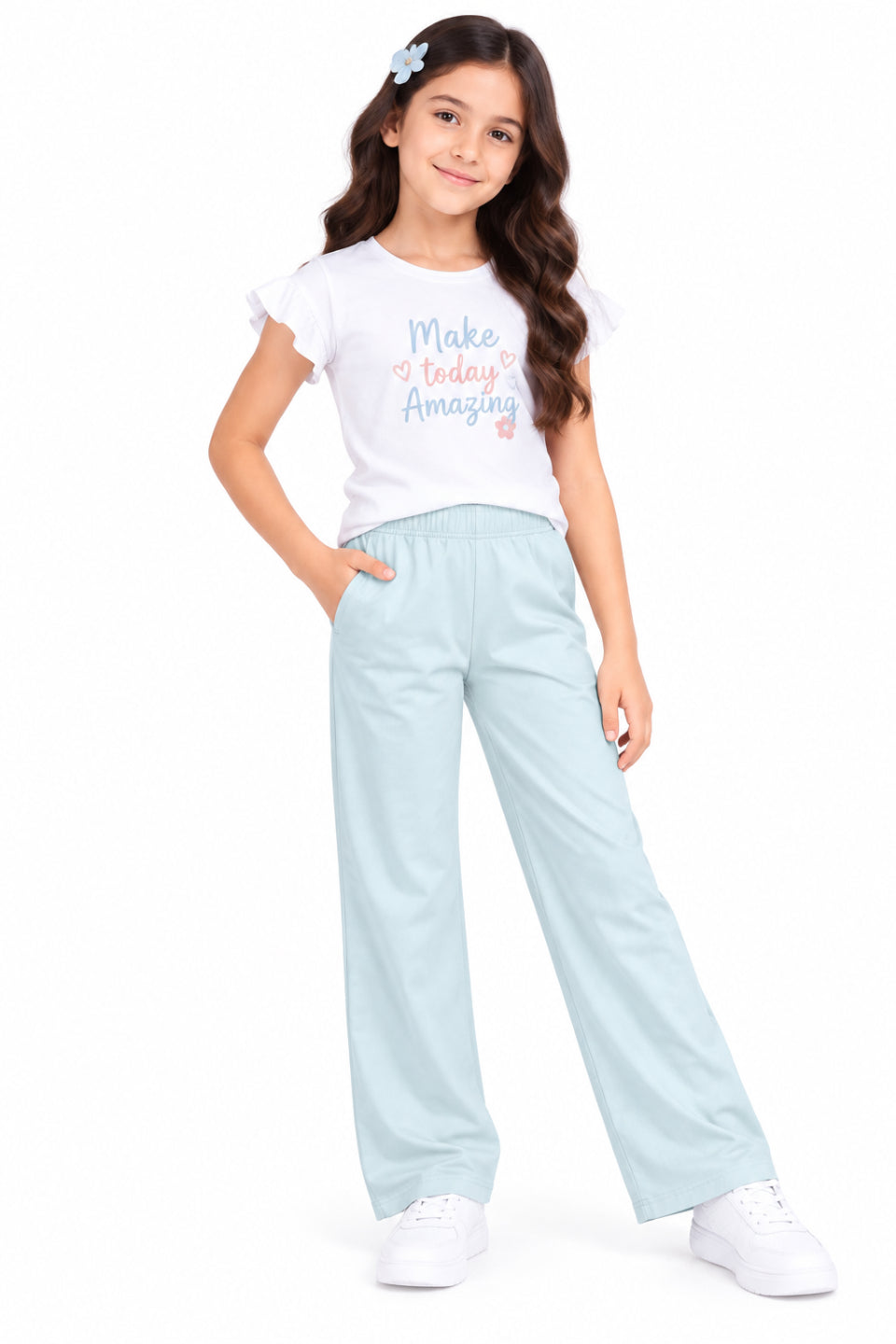 CHILINS Girls Light Blue Wide Leg Palazzo Pants | Elasticated Waist | Side Pockets | Full Length | Regular Fit